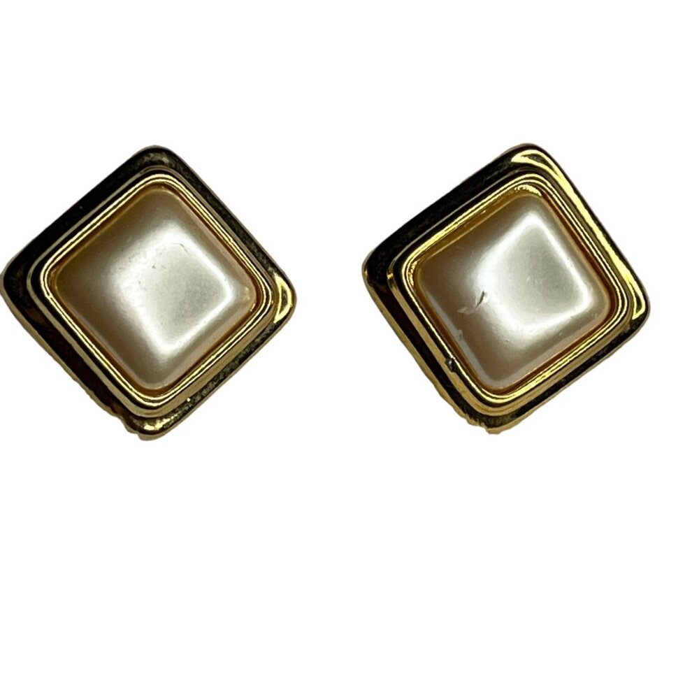 Vintage Goldtone Square Earrings By  Liz Claiborne With Faux Pearl Center STUD